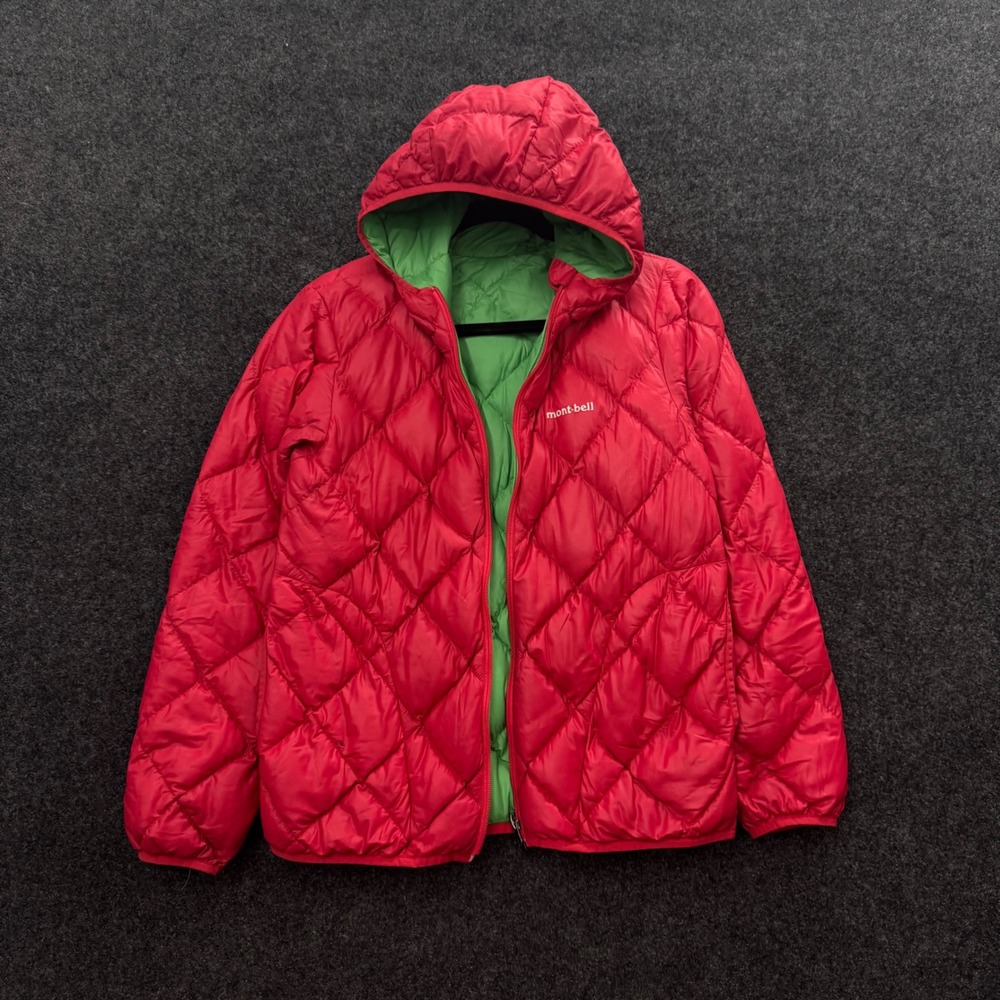 Mont-bell Reversible Down Jacket Red Green Diamond Quilt Hooded Puffer Small